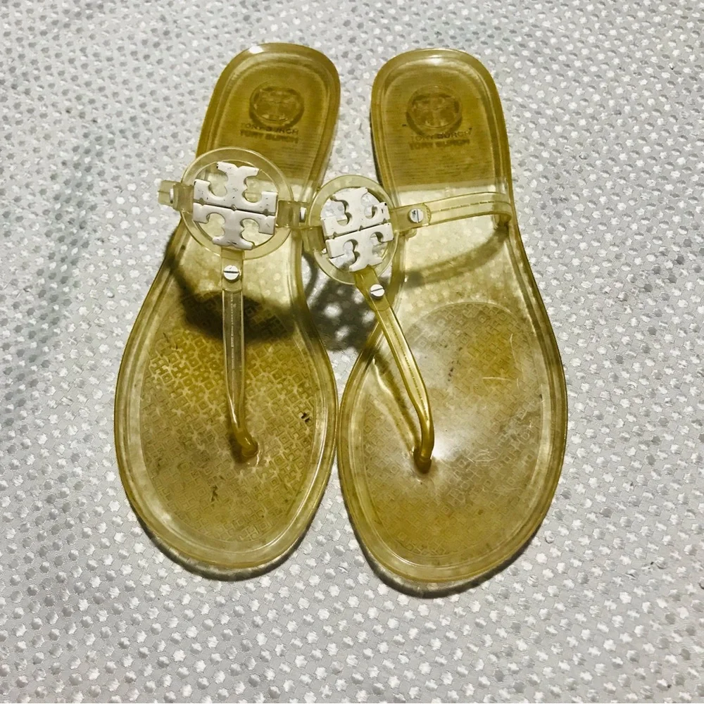 TORY BURCH clear jelly sandals white logo SIZE 9 womens